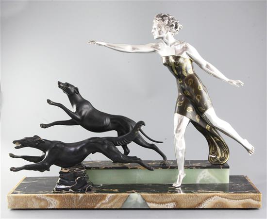 Uriano. A French Art Deco patinated bronzed spelter group of a lady and two running hounds, width 28in.